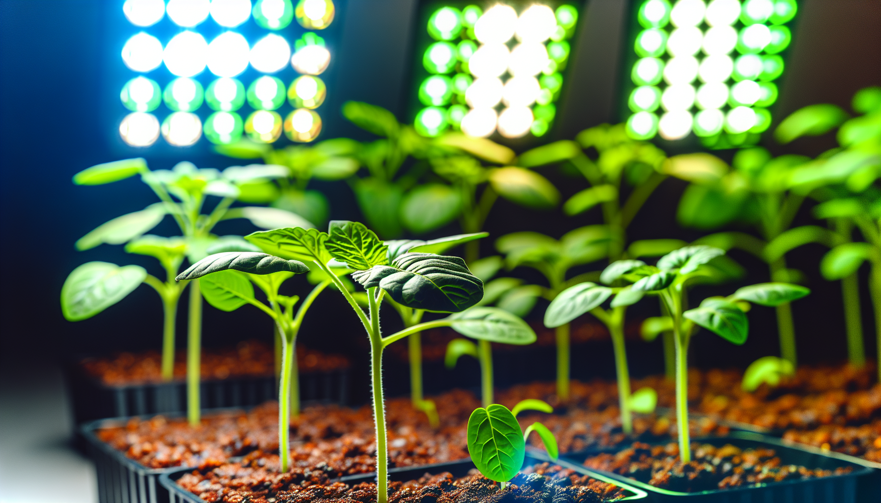 Healthy seedlings under grow lights